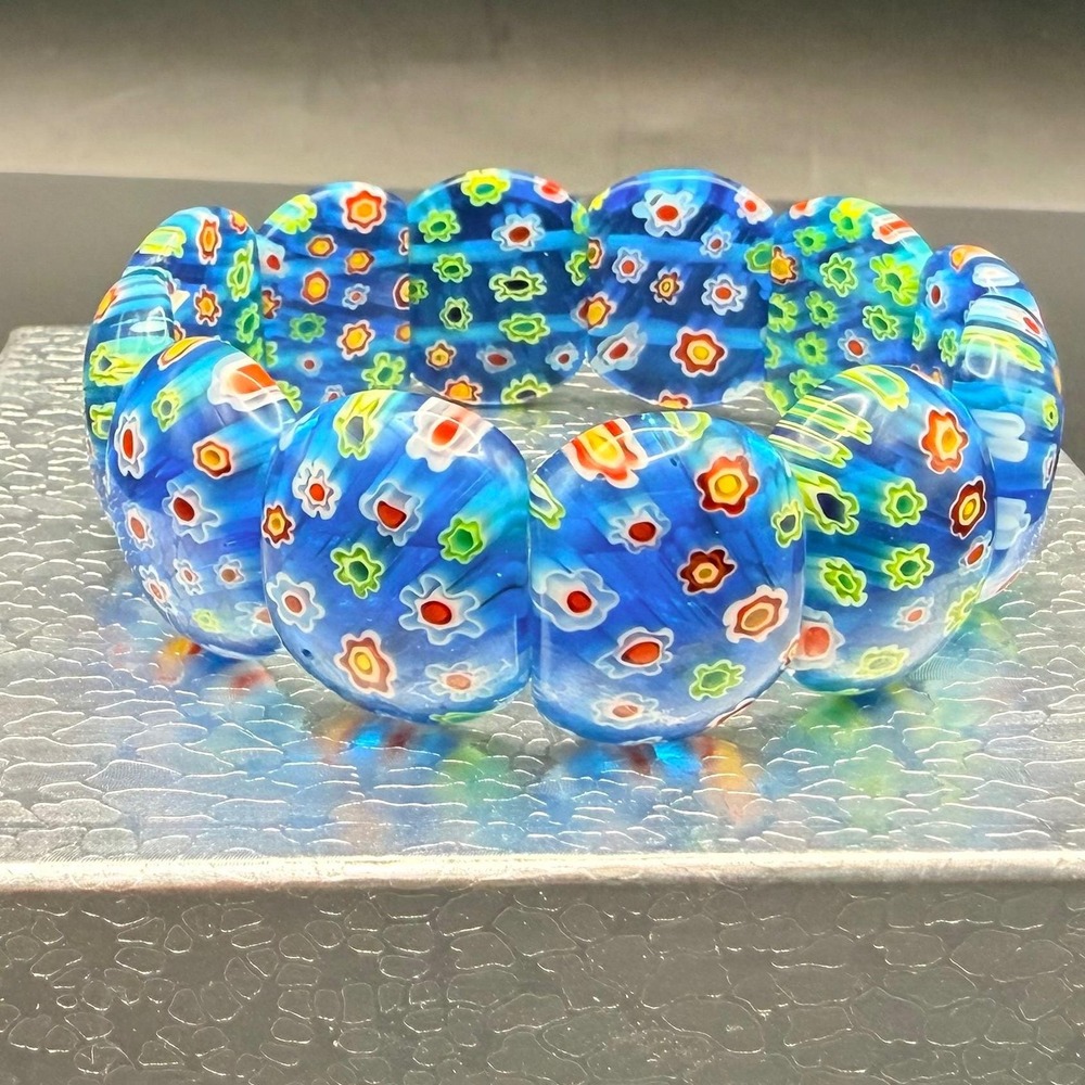 Millefiori Glass Stretch Bracelet Blue Floral Beads Vivid Colors 7" Caned Glass